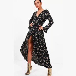 NWT BOOHOO PETITE DITSY FLORAL Black WOVEN WRAP DRESS Size 0